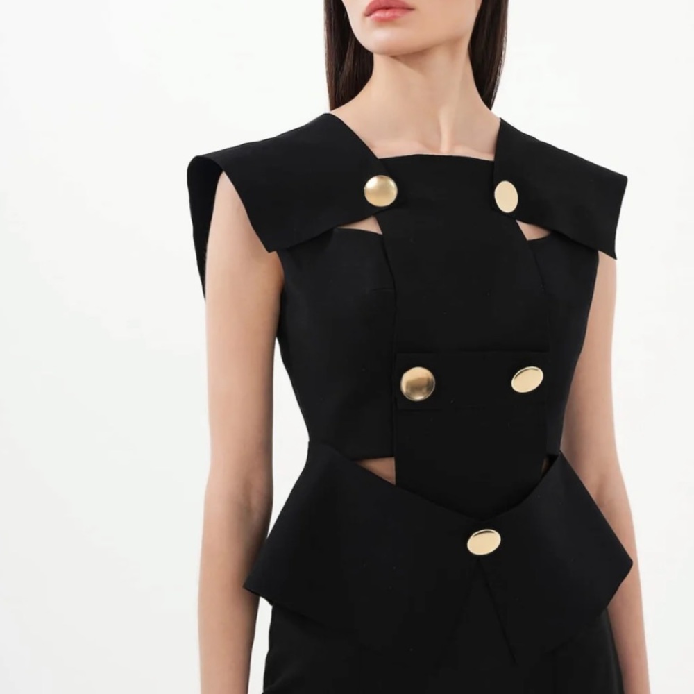 Structured Black Button-Accent Sleeveless Top